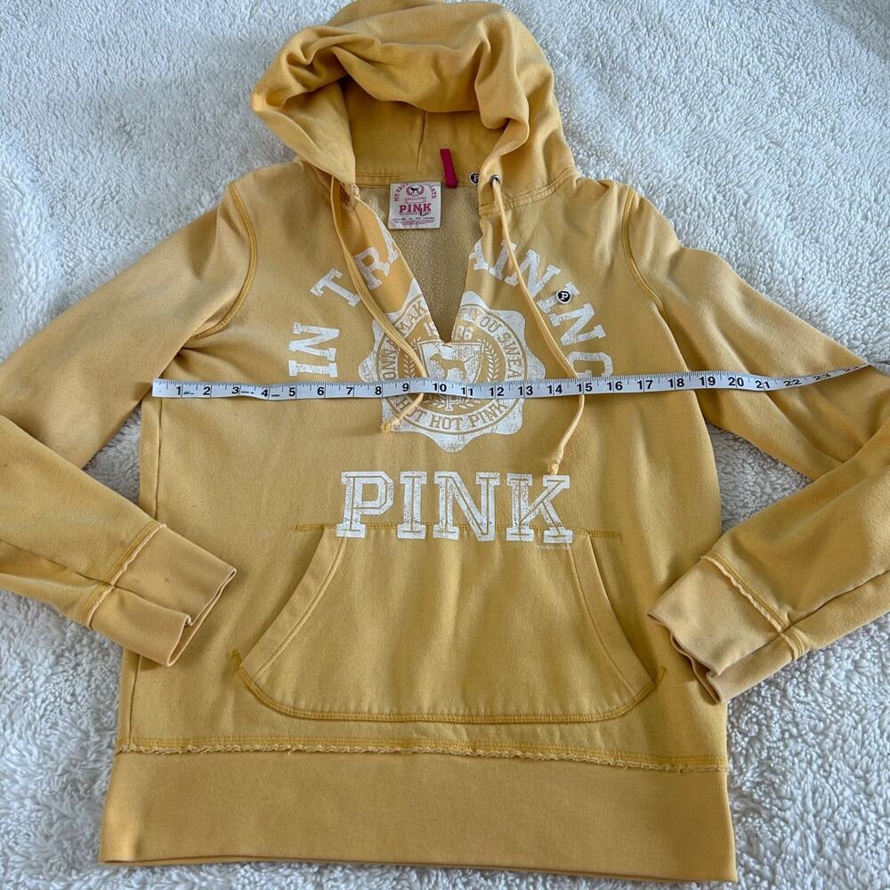 VTG Y2K Victoria's Secret PINK Hoodie Yellow V-Neck Graphic Print College Preppy - Picture 5 of 6